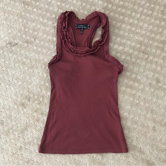 Brand New Robert Rodriguez Wine Racerback Ruffle Rib Knit Tank Top - Picture 4 of 5